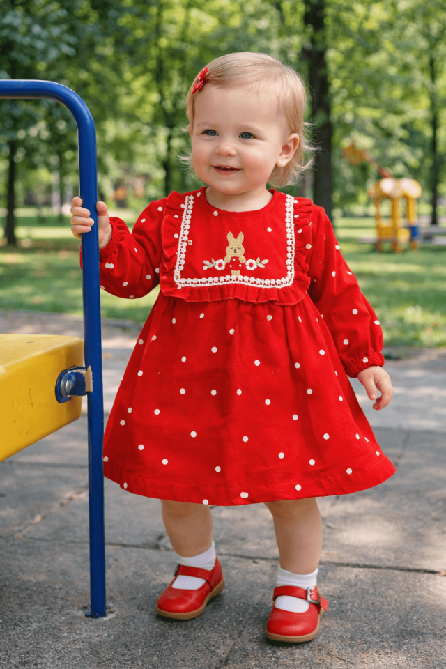 Kız Çocuk Puantiyeli Kırmızı Müslin Elbise