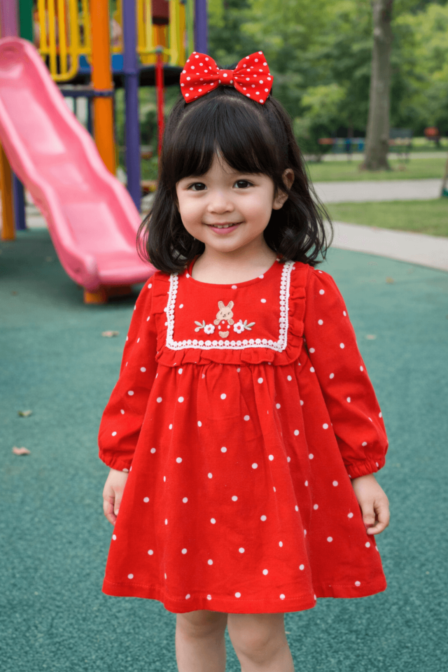 Puantiyeli Kırmızı Müslin Kız Bebek Elbise
