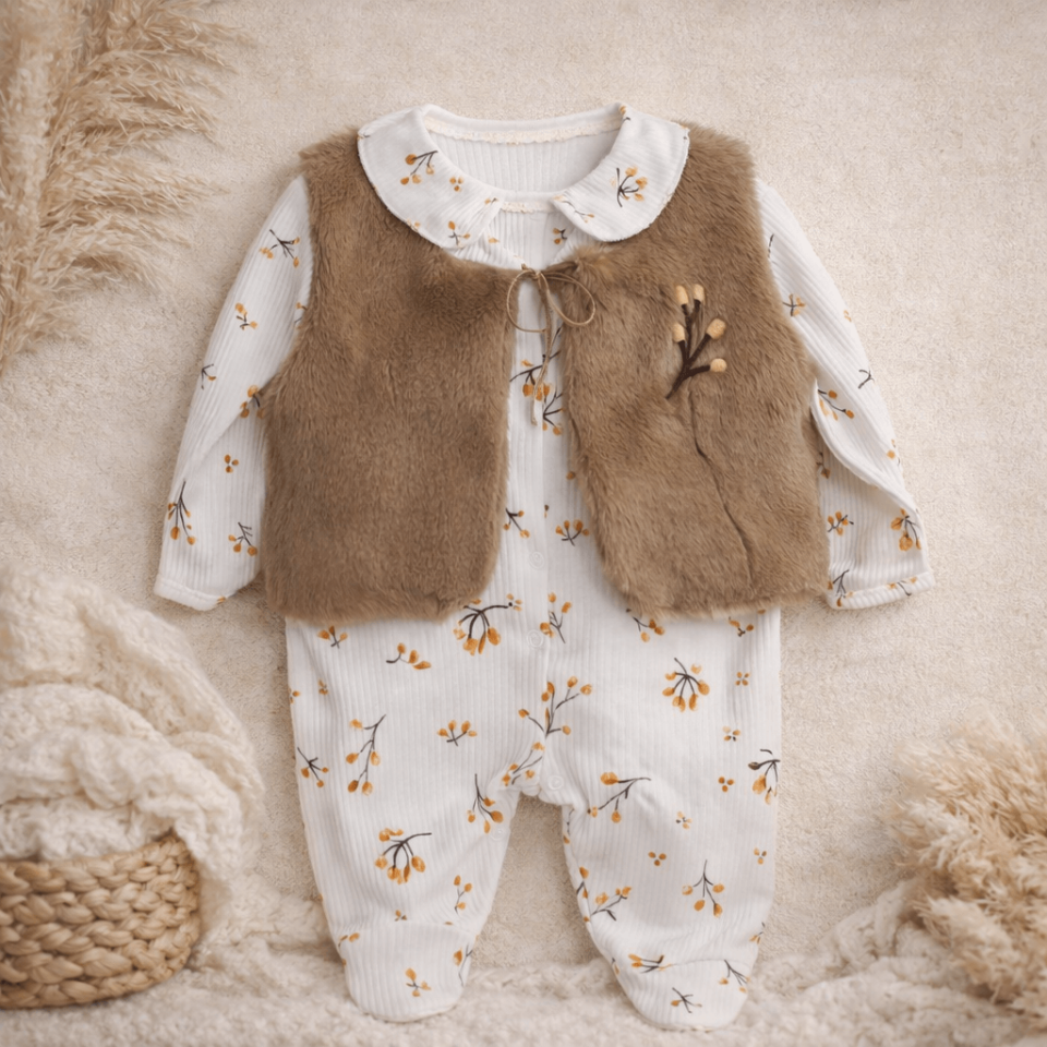 Kız Bebek Fitili Kumaş Tulum Peluş Yelekli İkili Takım