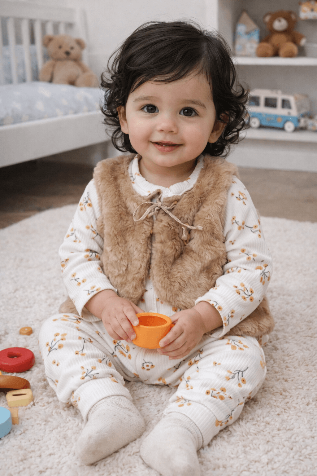 Kız Bebek Fitili Kumaş Tulum Peluş Yelekli İkili Takım