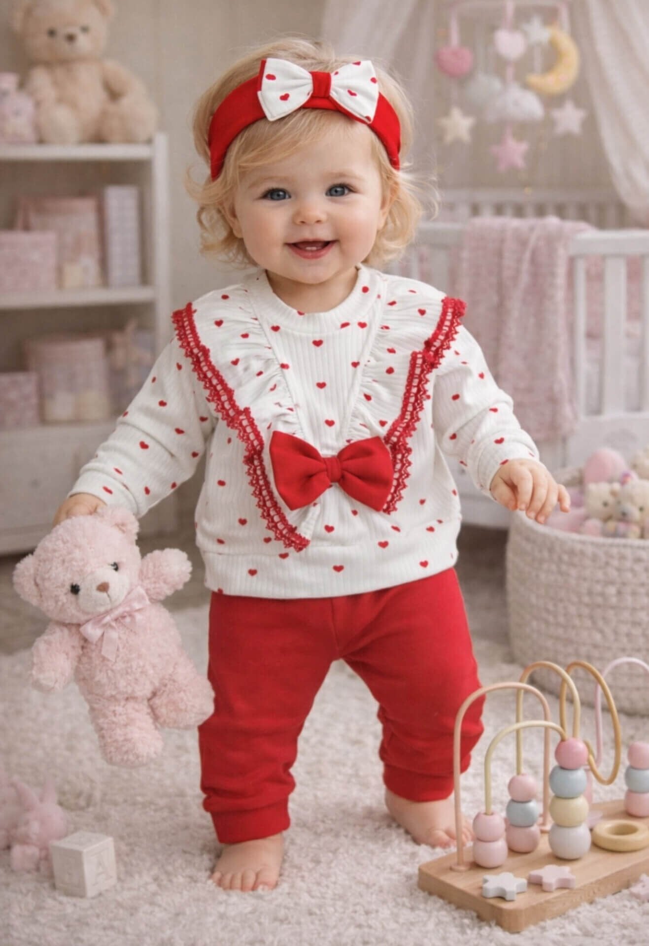 Kız Bebek Kalp Baskılı 3'lü Takım & Fiyonklu Bandana Alt Üst Kız bebek Takımı