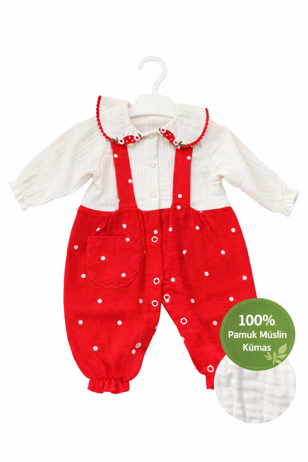 Kız Bebek Puantiyeli Kırmızı Pamuklu Müslin Askılı Tulum &Salopet
