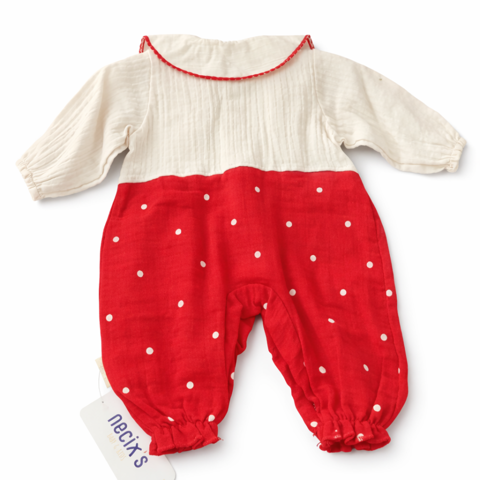 Kız Bebek Puantiyeli Kırmızı Pamuklu Müslin Askılı Tulum &Salopet