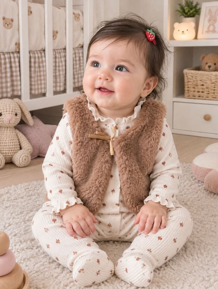 Kız Bebek Peluş Yelekli Çiçek Desenli Fitili İkili Takımı&Tulum -Peluş Astarlı Yelek Takımı