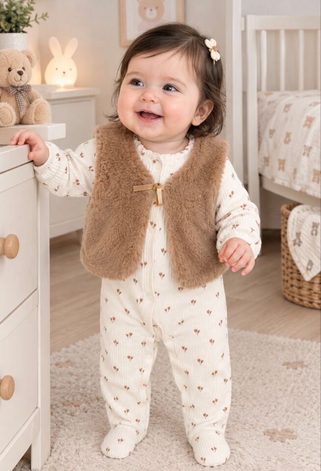 Kız Bebek Peluş Yelekli Çiçek Desenli Fitili İkili Takımı&Tulum -Peluş Astarlı Yelek Takımı