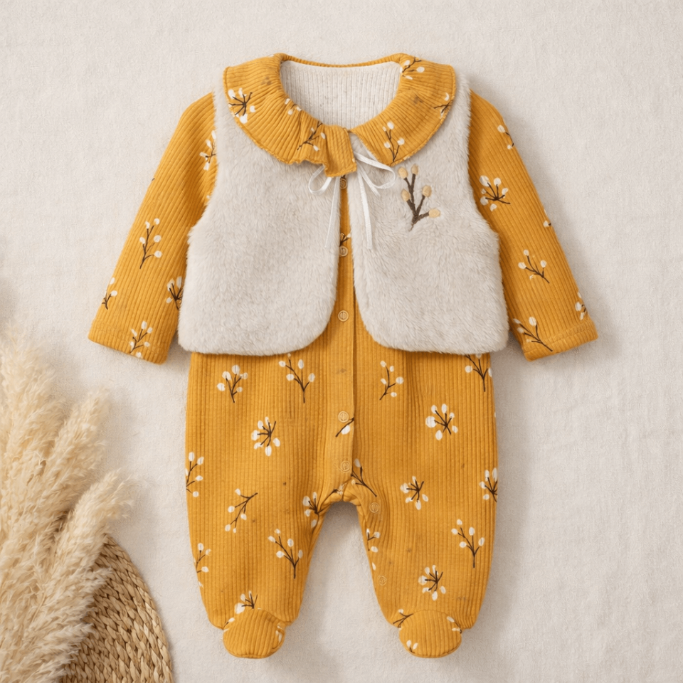 Kız Bebek Peluş Yelekli Çiçek Desenli Fitili İkili Takımı&Tulum -Peluş Astarlı Yelek Takımı
