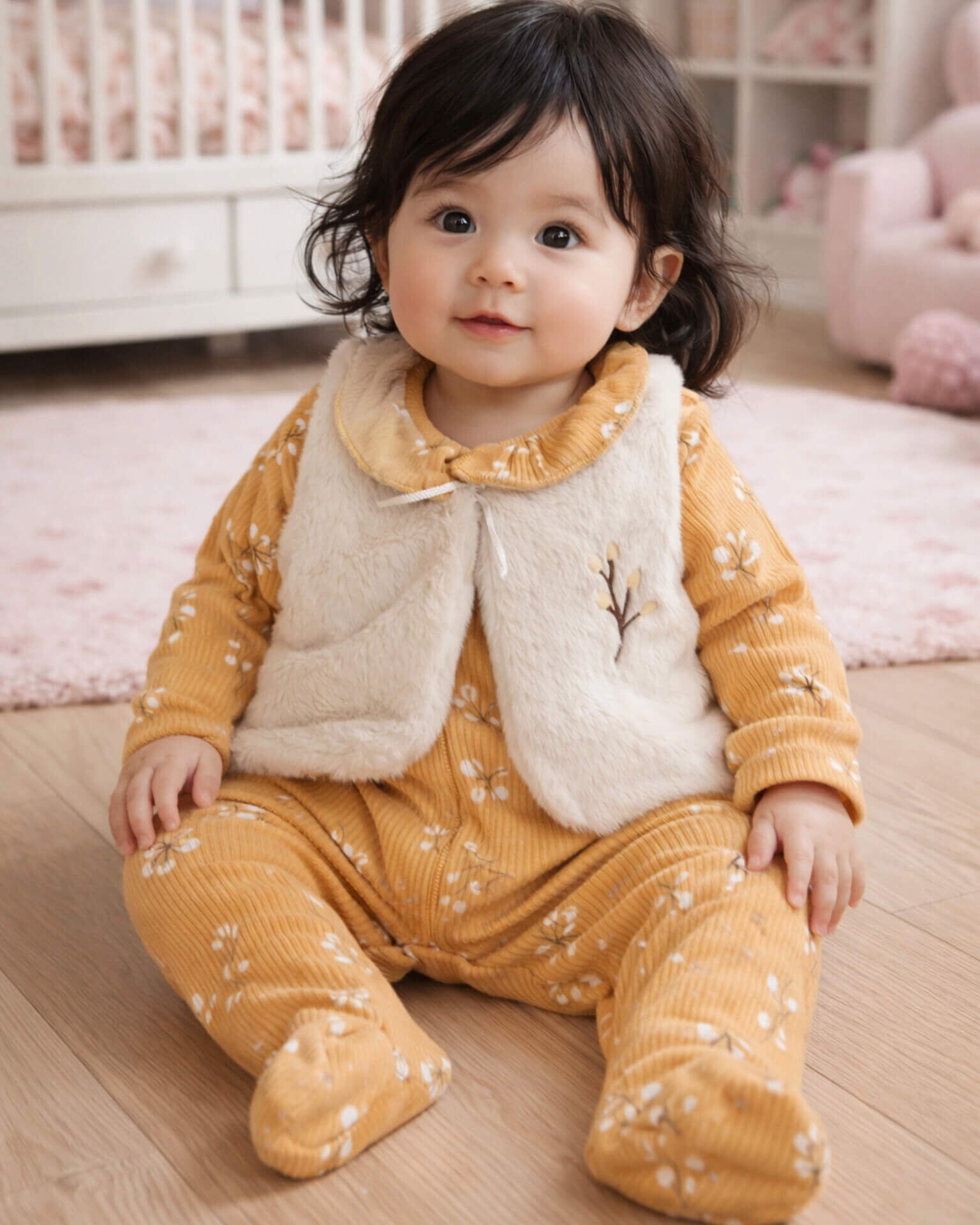Kız Bebek Peluş Yelekli Çiçek Desenli Fitili İkili Takımı&Tulum -Peluş Astarlı Yelek Takımı