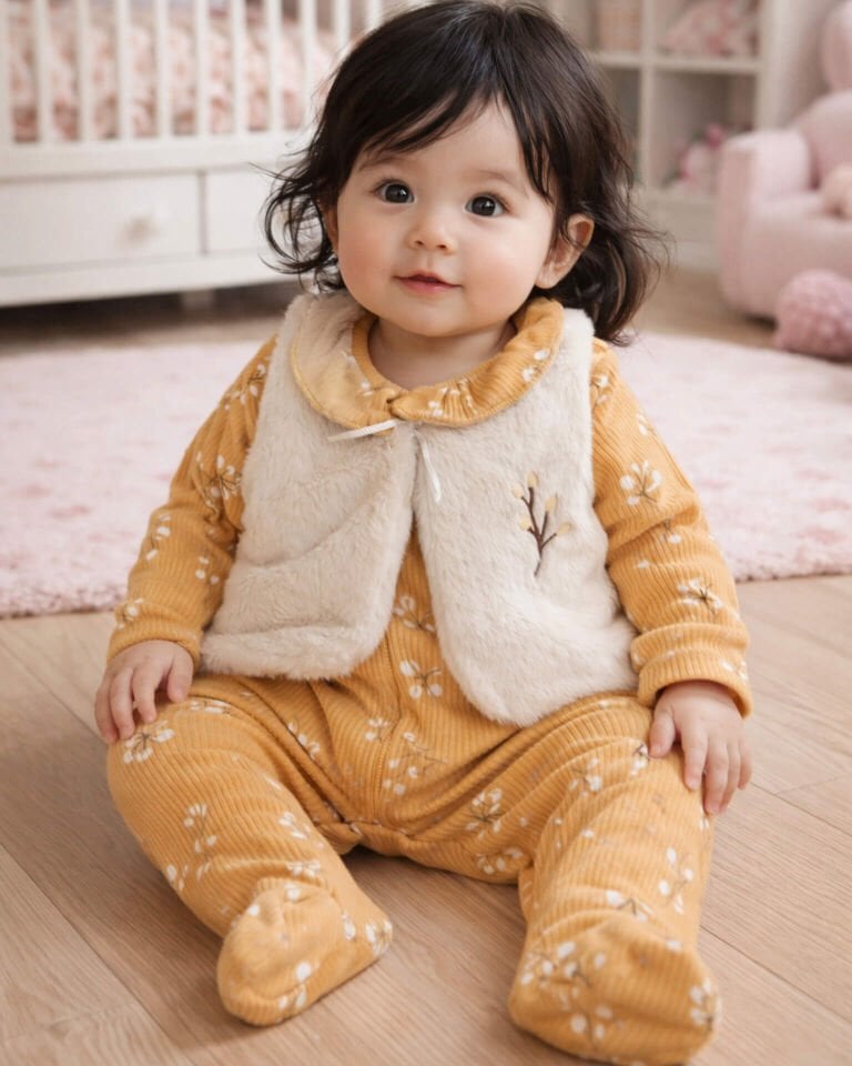 Kız Bebek Peluş Yelekli Çiçek Desenli Fitili İkili Takımı&Tulum -Peluş Astarlı Yelek Takımı