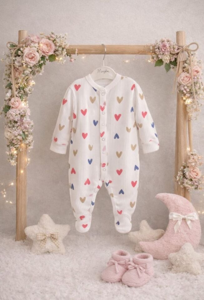 Kalp Desenli Kız Bebek Tulumu