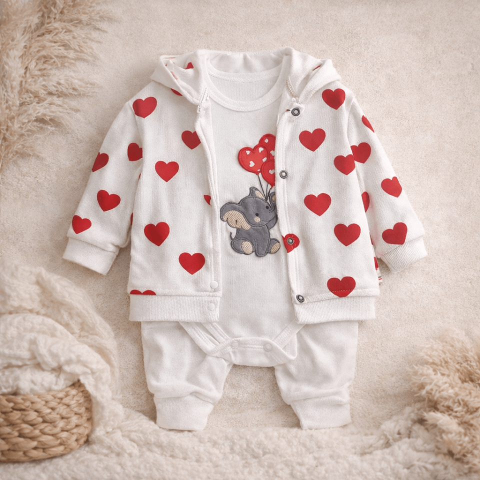 Kalp Desenli Kız Bebek 3'lü Takım