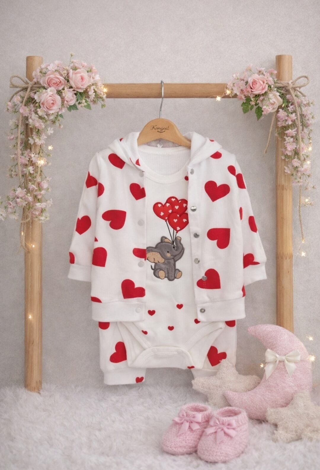 Kalp Desenli Kız Bebek 3'lü Takım
