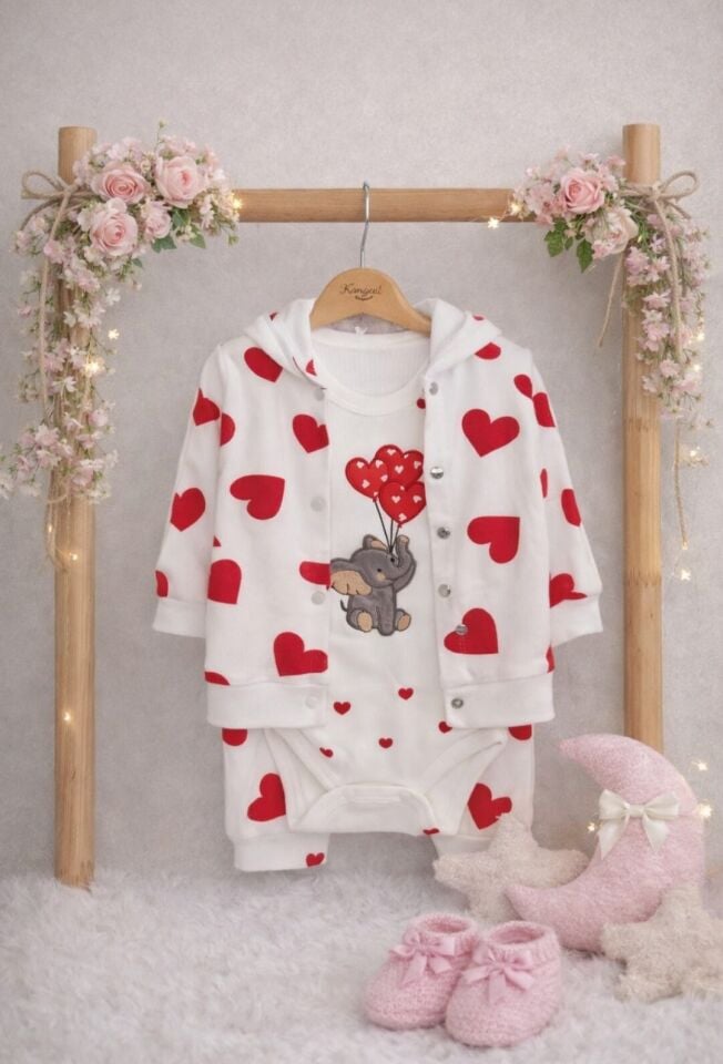 Kalp Desenli Kız Bebek 3'lü Takım