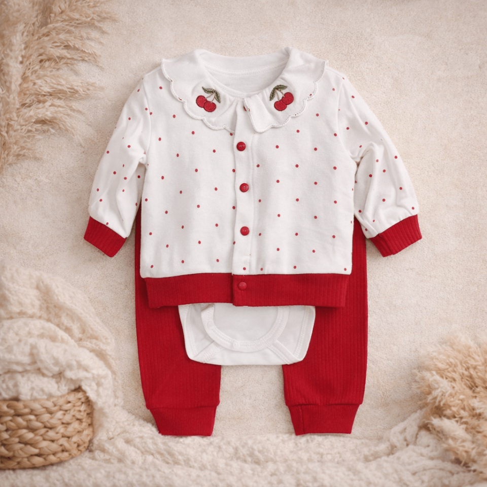 Kiraz Nakışlı - Kız Bebek 3'lü Takım