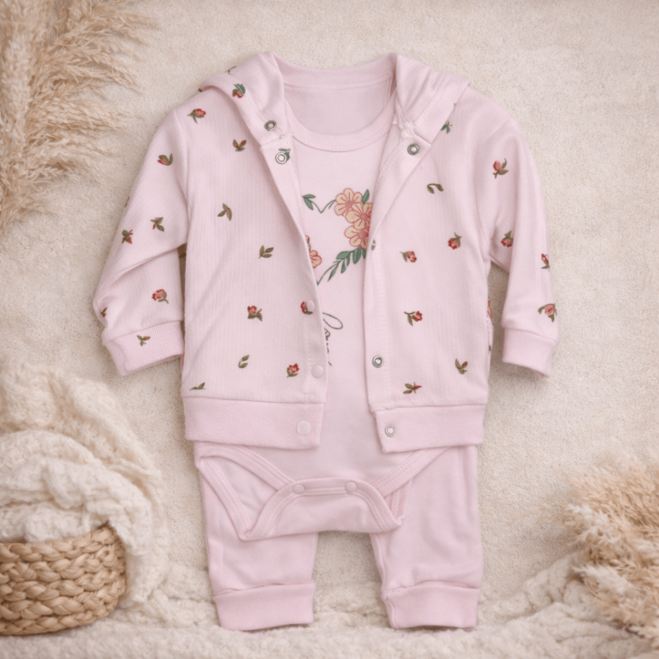 Çiçek Desenli Kapüşonlu Kız Bebek 3'lü Takım