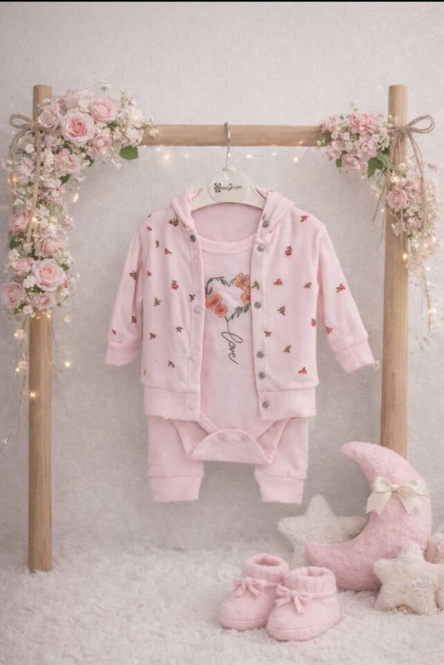 Çiçek Desenli Kapüşonlu Kız Bebek 3'lü Takım