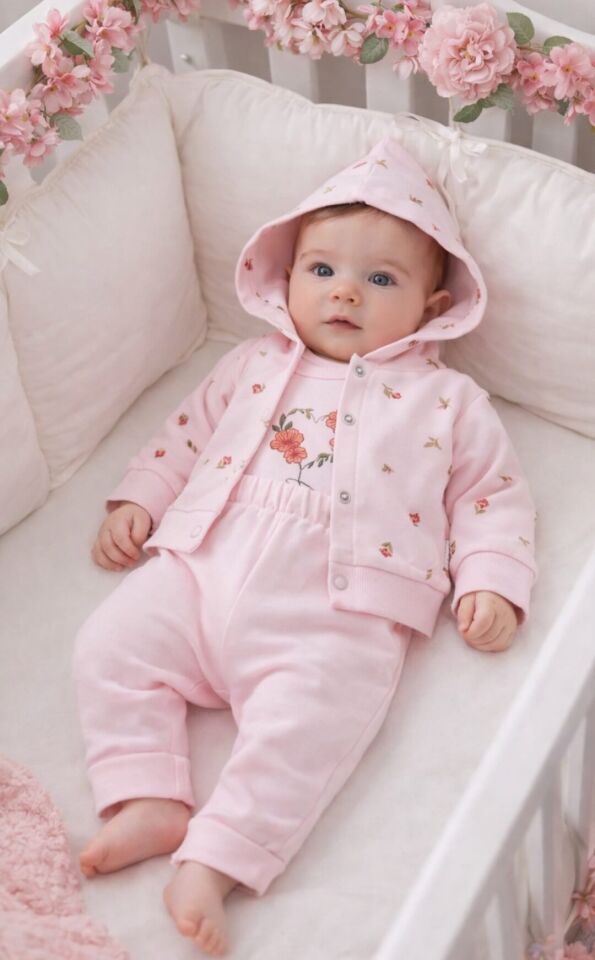 Çiçek Desenli Kapüşonlu Kız Bebek 3'lü Takım