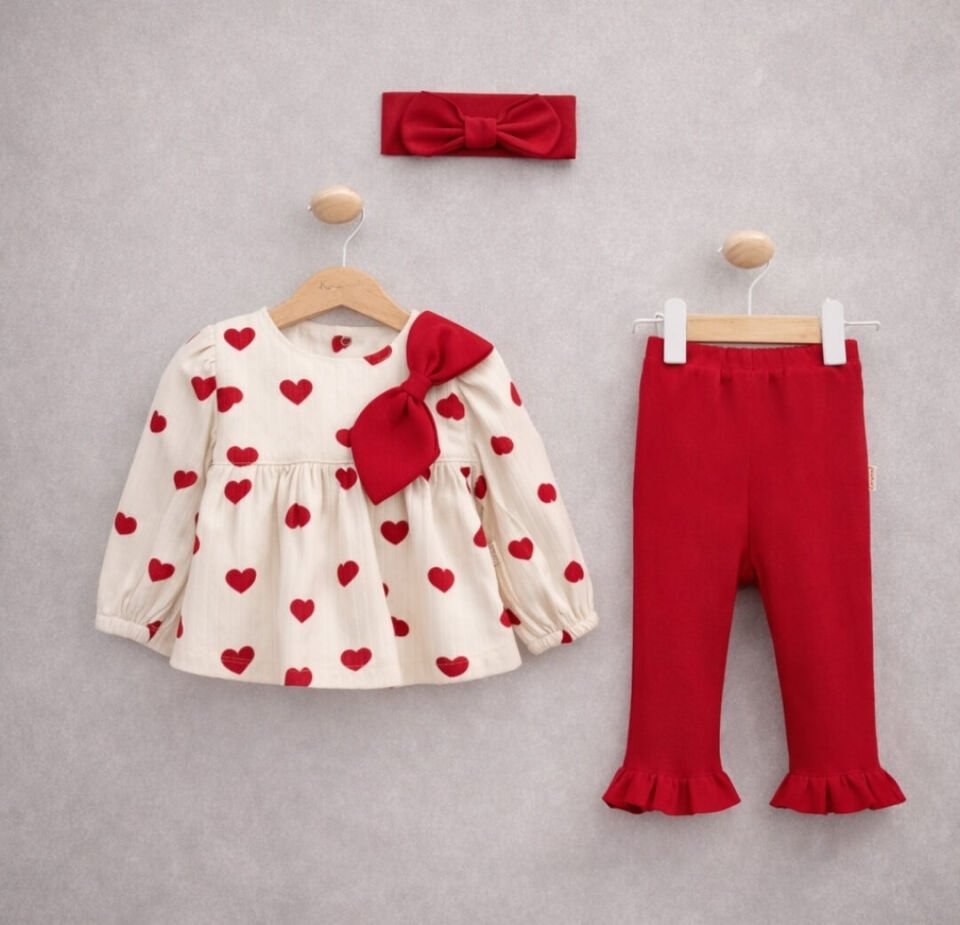 Kalpli Fiyonklu İkili Kız Bebek Takımı