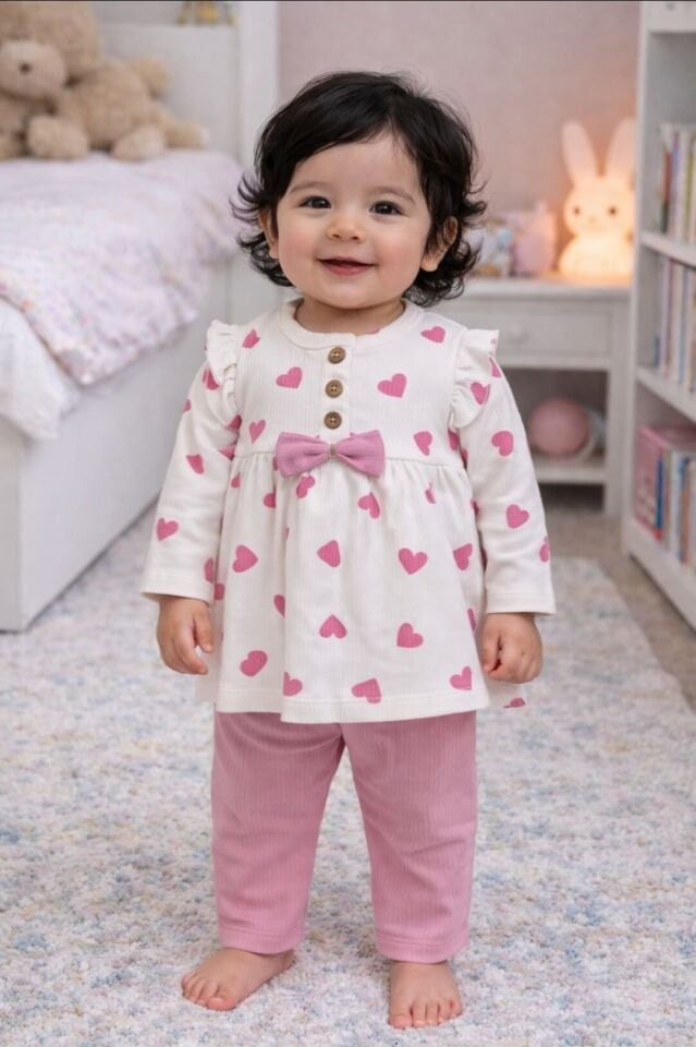 Kalp Desenli Kız Bebek 2'li Takım