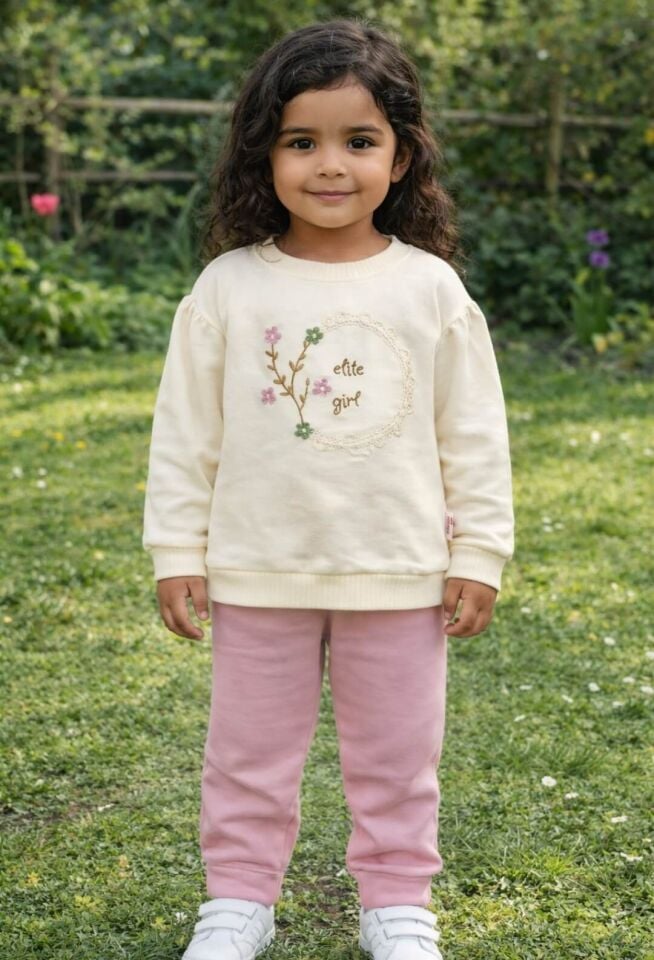 Nakış Detaylı Kız Çocuk Takımı -2 iplikli Kumaş