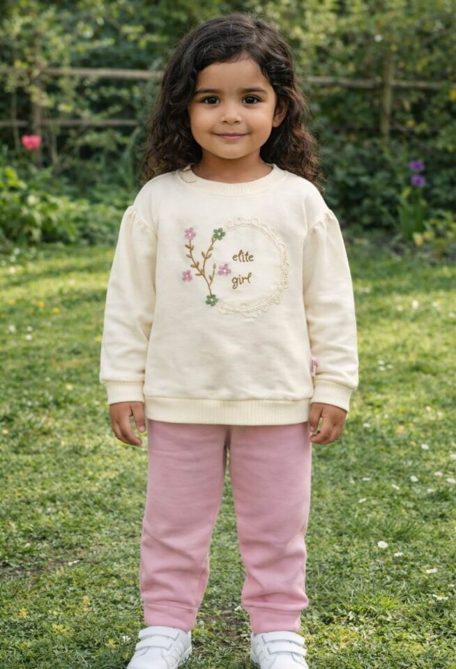Nakış Detaylı Kız Çocuk Takımı -2 iplikli Kumaş