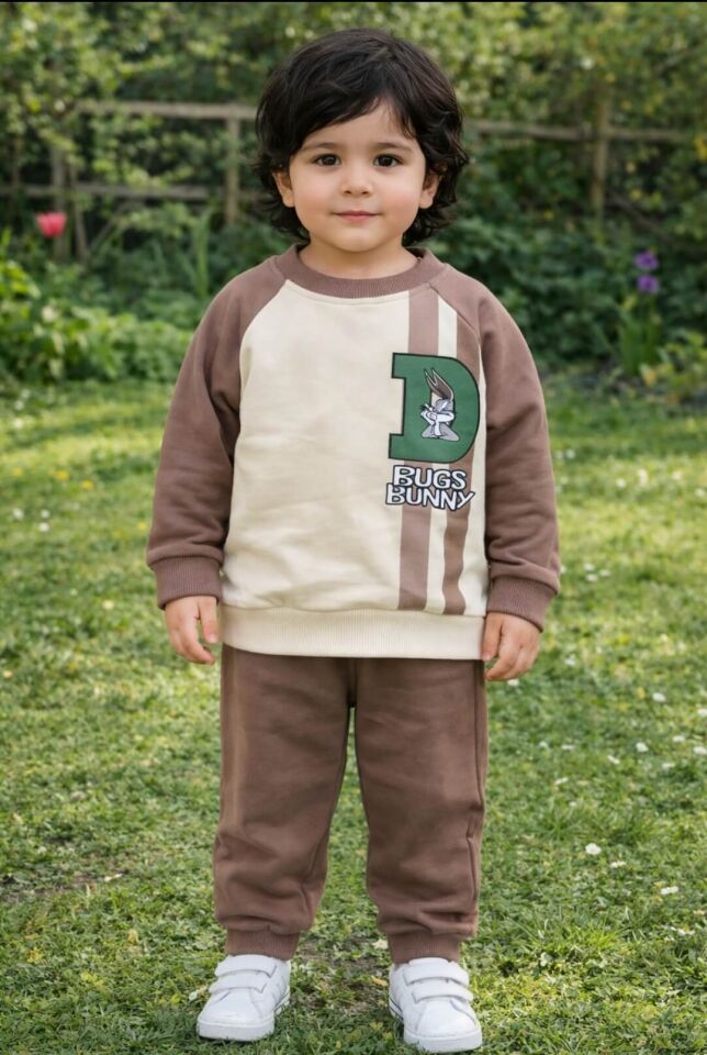 Bugs Bunny Baskılı Erkek Bebek Eşofman Takımı – Kahverengi Krem