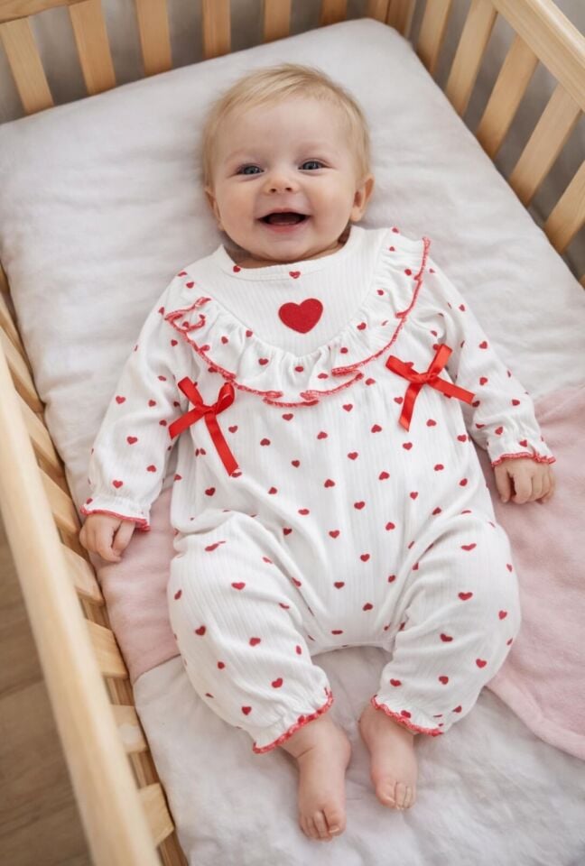 Kalp Desenli Kız Bebek Tulum