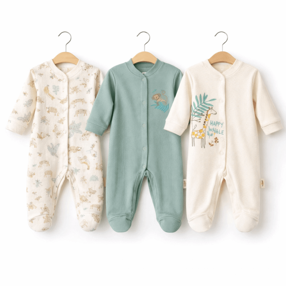 Üçlü Pamuklu Fitili Bebek Tulumu