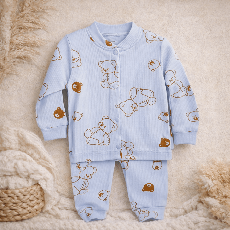 Erkek Bebek Pijama Takımı %100 Pamuk Fitilli Ribana