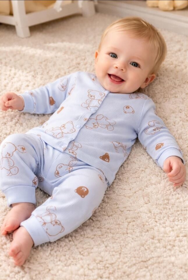 Erkek Bebek Pijama Takımı %100 Pamuk Fitilli Ribana