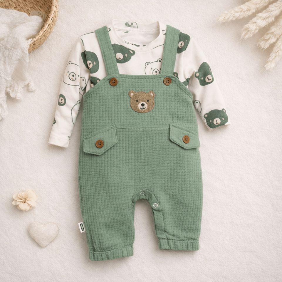 Ayıcık Desenli Bebek Salopet Takım