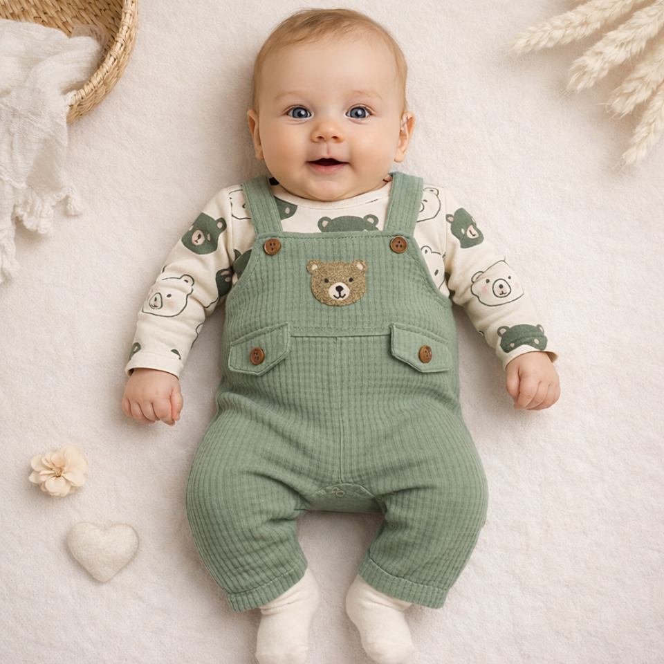 Ayıcık Desenli Bebek Salopet Takım