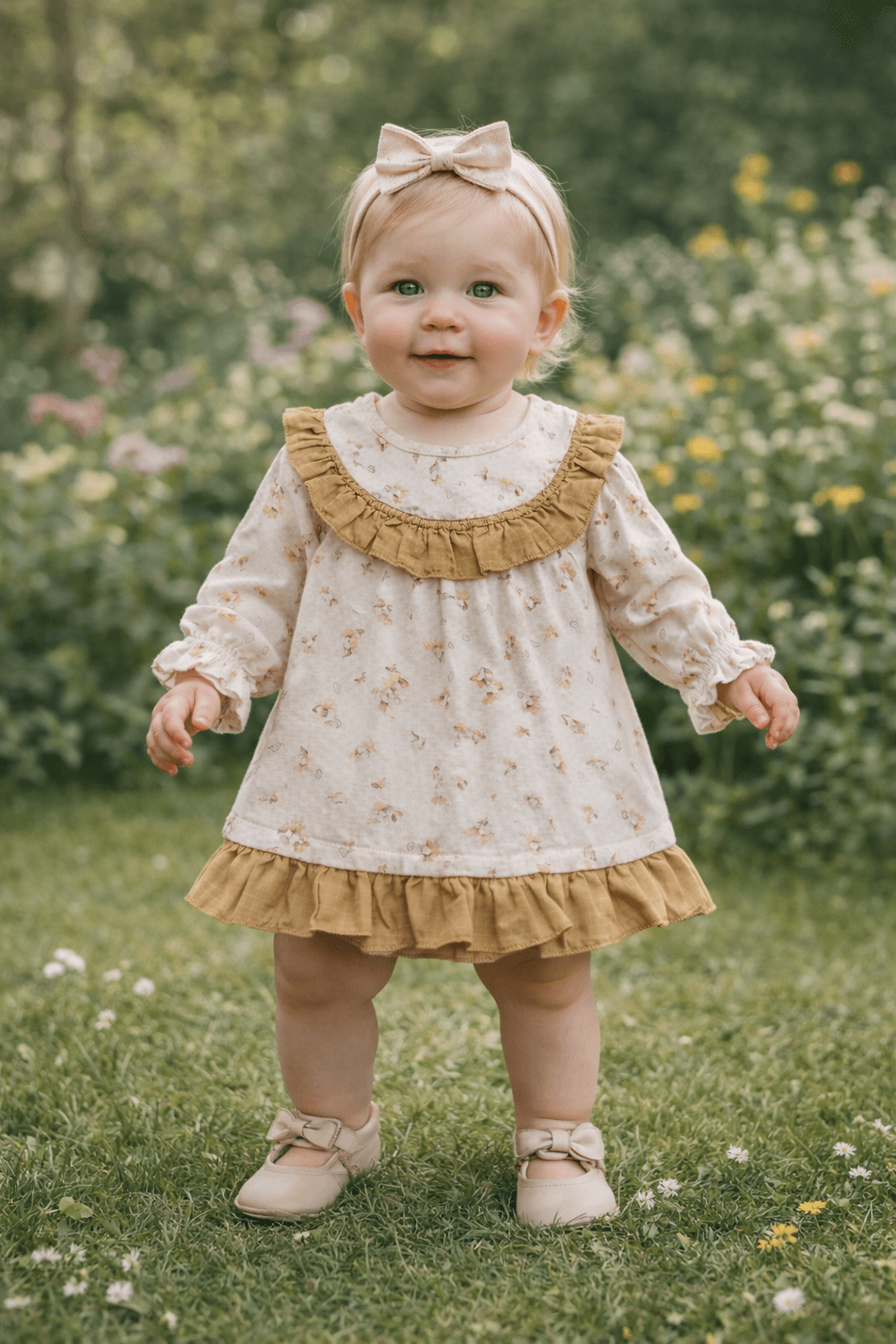 Kız Bebek Çiçek Desenli Fırfırlı Detaylı Elbise