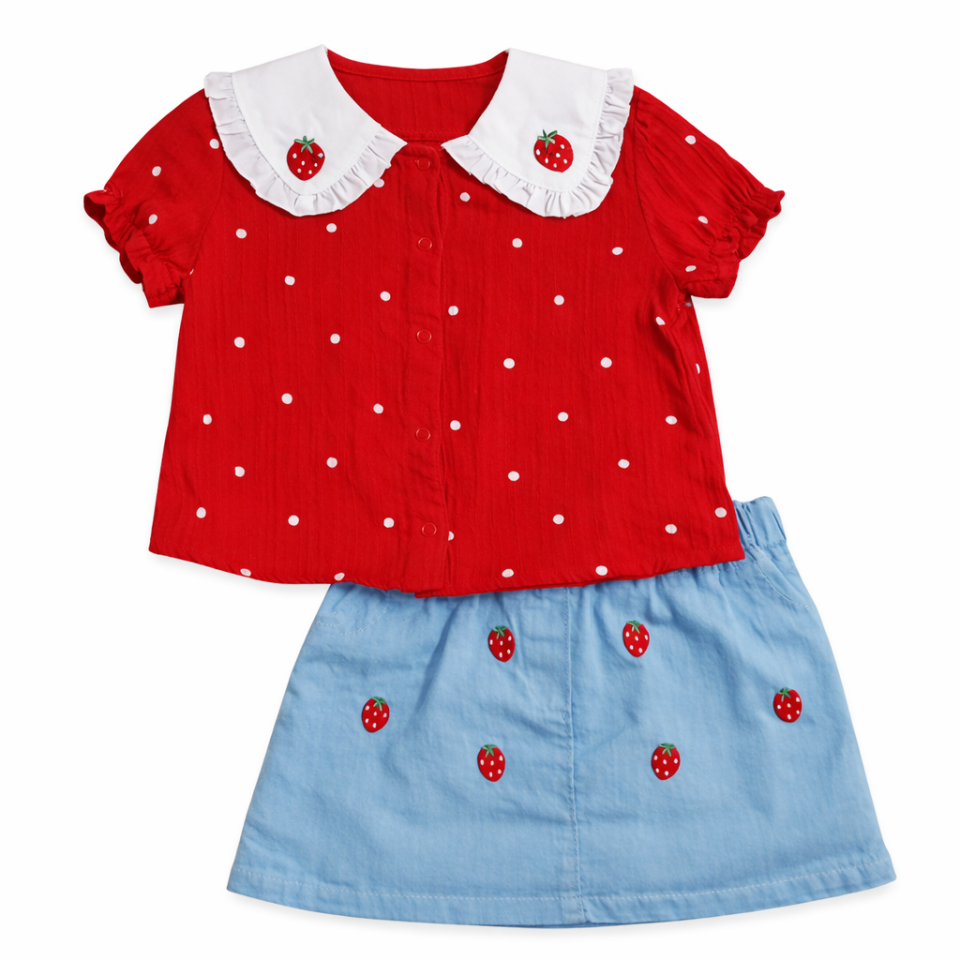 Müslin Üst & Çilek Nakışlı Kot Etek Kız Bebek Takımı