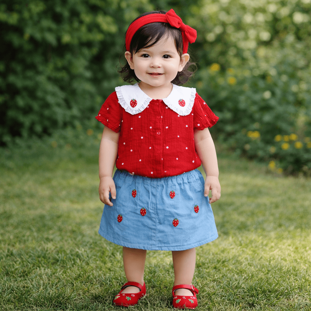 Müslin Üst & Çilek Nakışlı Kot Etek Kız Bebek Takımı