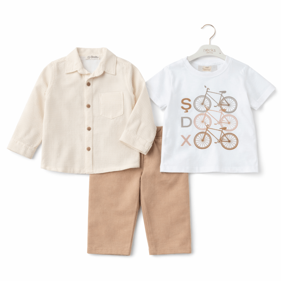 Erkek Bebek 3'lü Takım -Gömlek, Baskılı Tişört ve Pantolon