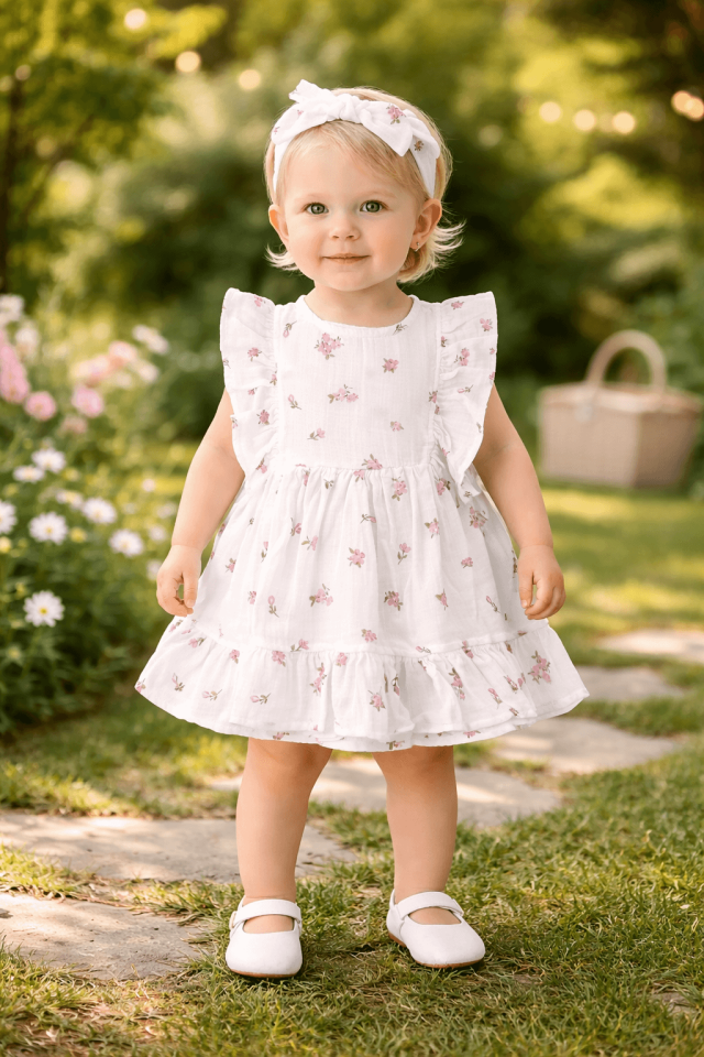 Kız Bebek Çiçek Desenli Elbise ve Bandana Takımı