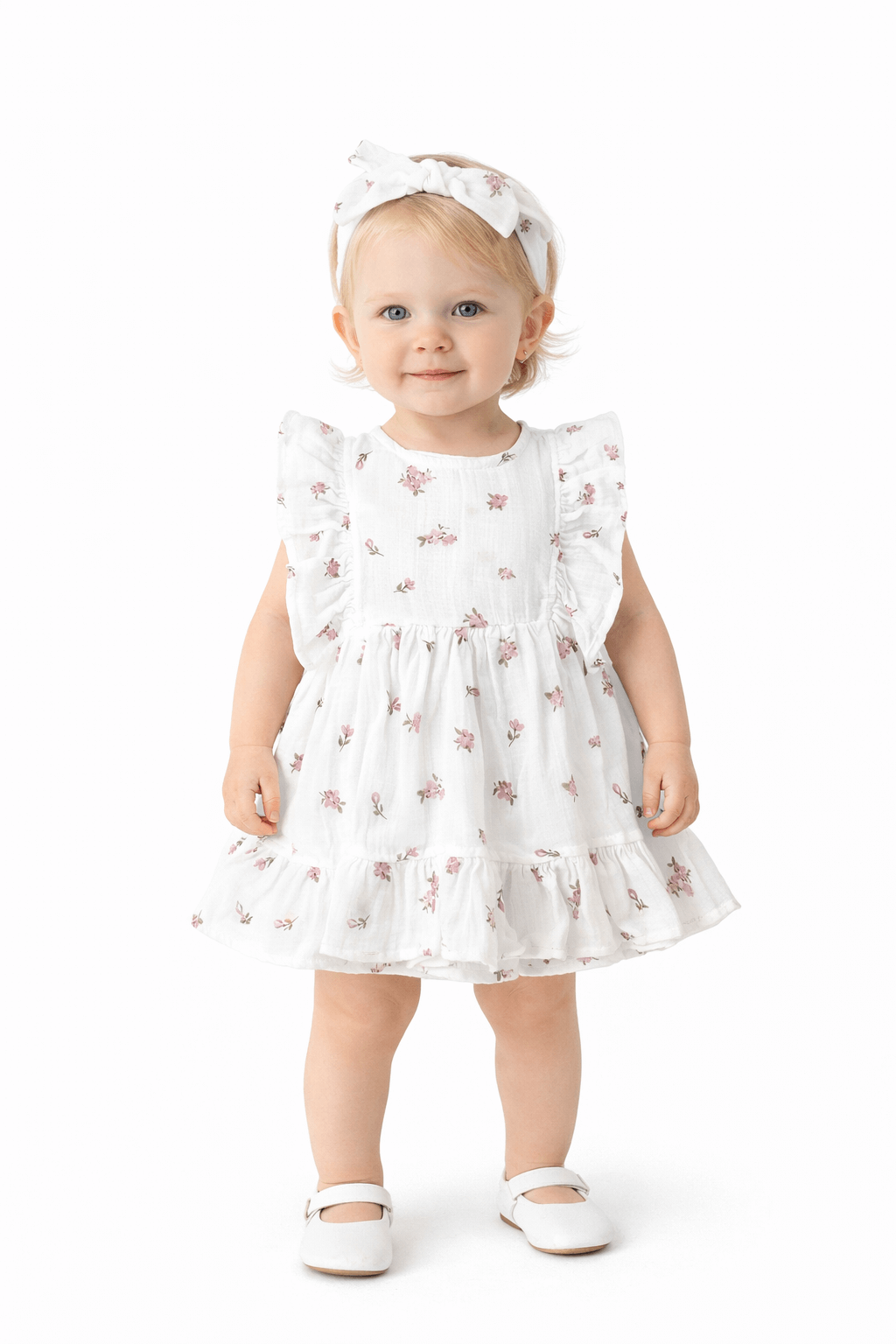 Kız Bebek Çiçek Desenli Elbise ve Bandana Takımı