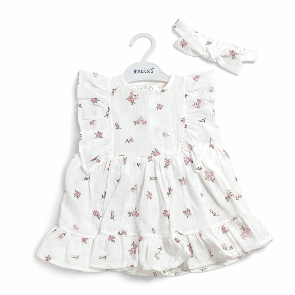 Kız Bebek Çiçek Desenli Elbise ve Bandana Takımı