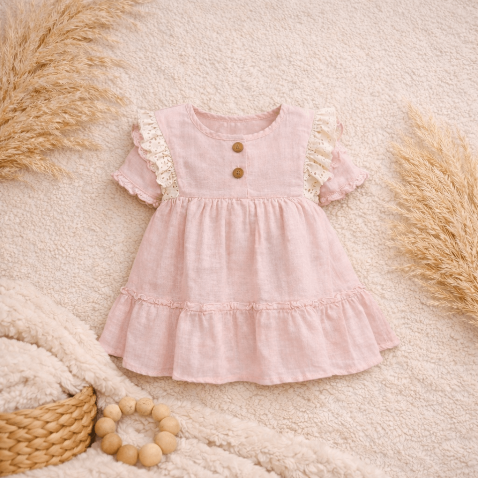 Kız Bebek Müslin Elbise -Fırfır Detaylı Pamuklu Yazlık Elbise