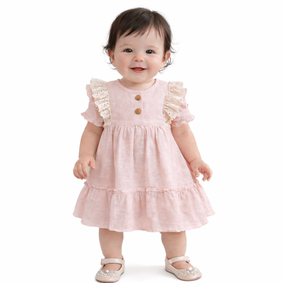 Kız Bebek Müslin Elbise -Fırfır Detaylı Pamuklu Yazlık Elbise