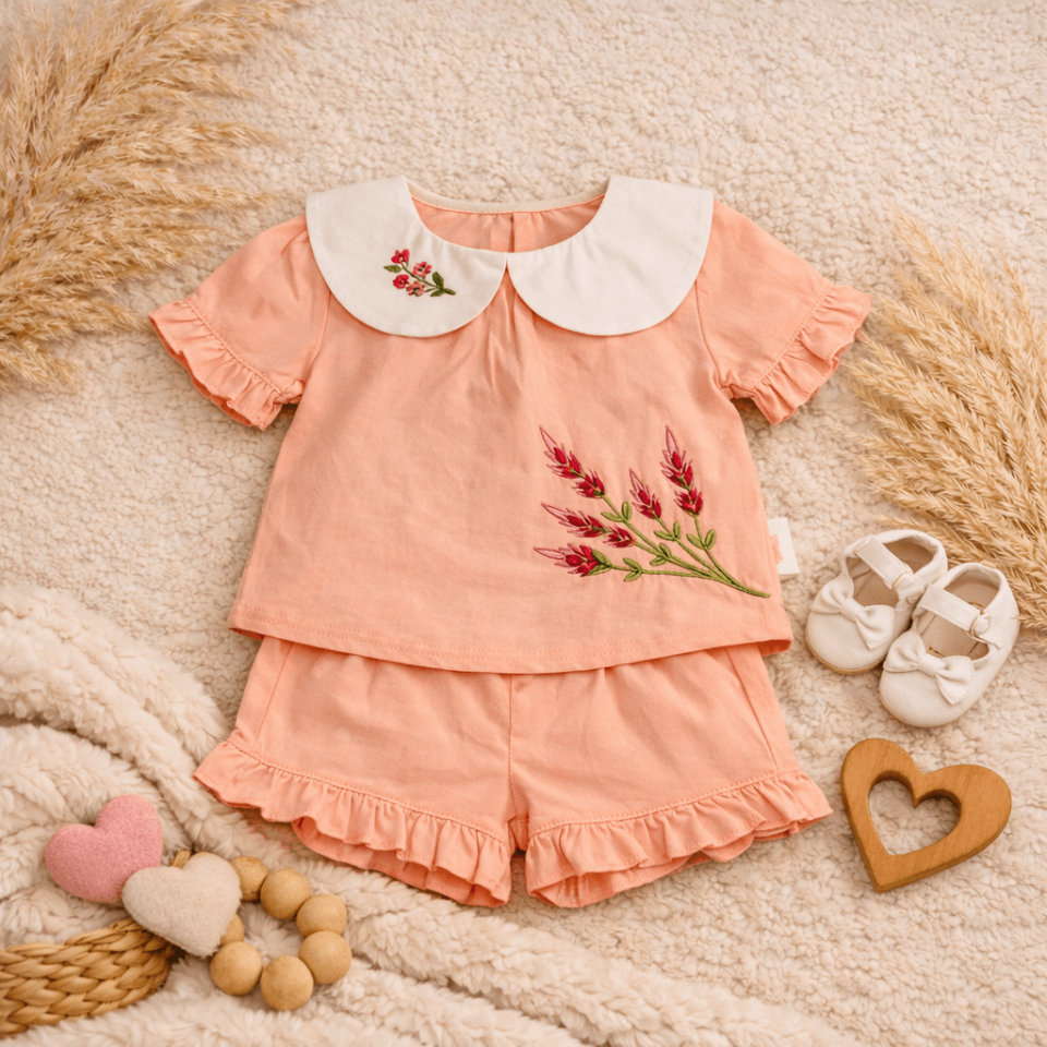 Kız Bebek Nakışlı Şort Takım - Pamuklu Yazlık Takım