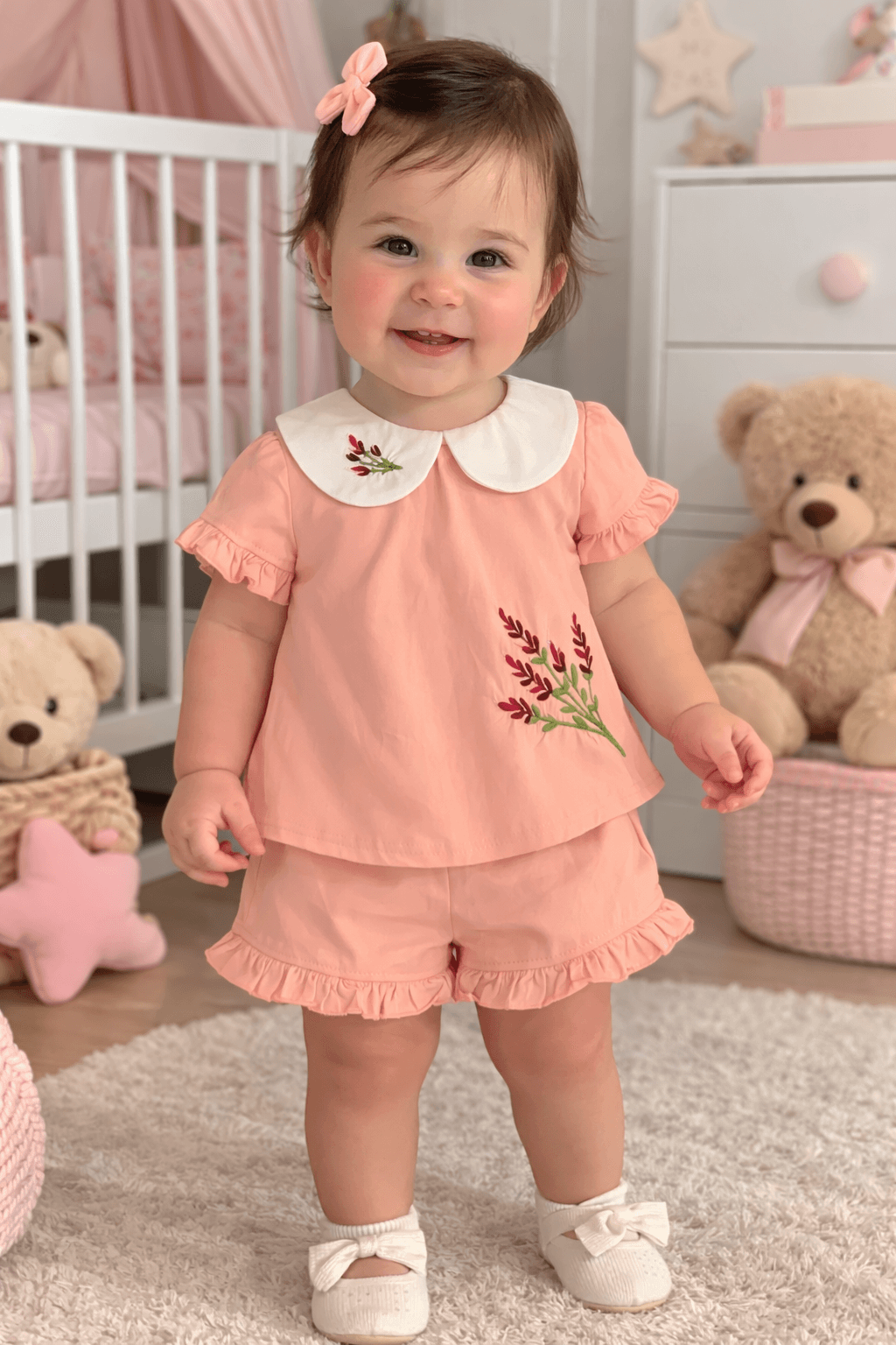 Kız Bebek Nakışlı Şort Takım - Pamuklu Yazlık Takım