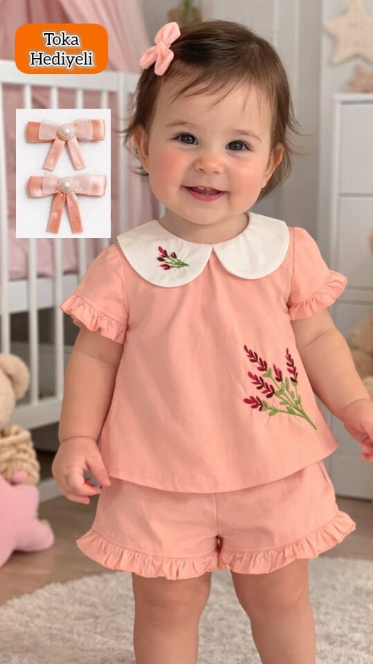 Kız Bebek Nakışlı Şort Takım - Pamuklu Yazlık Takım