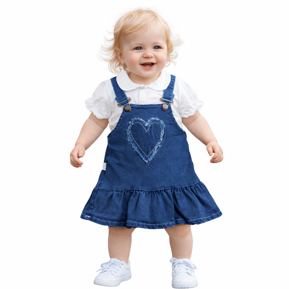 Kalp Detaylı Kot Jile ve Bluz Kız Bebek Takımı