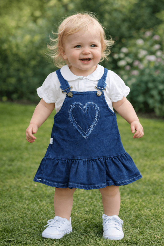 Kalp Detaylı Kot Jile ve Bluz Kız Bebek Takımı