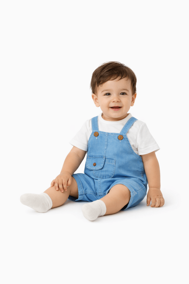Erkek Bebek Mavi Kot Salopet Takım – Cepli Düğmeli Mavi Salopet ve Beyaz Tişört 2'li Bebek Takım