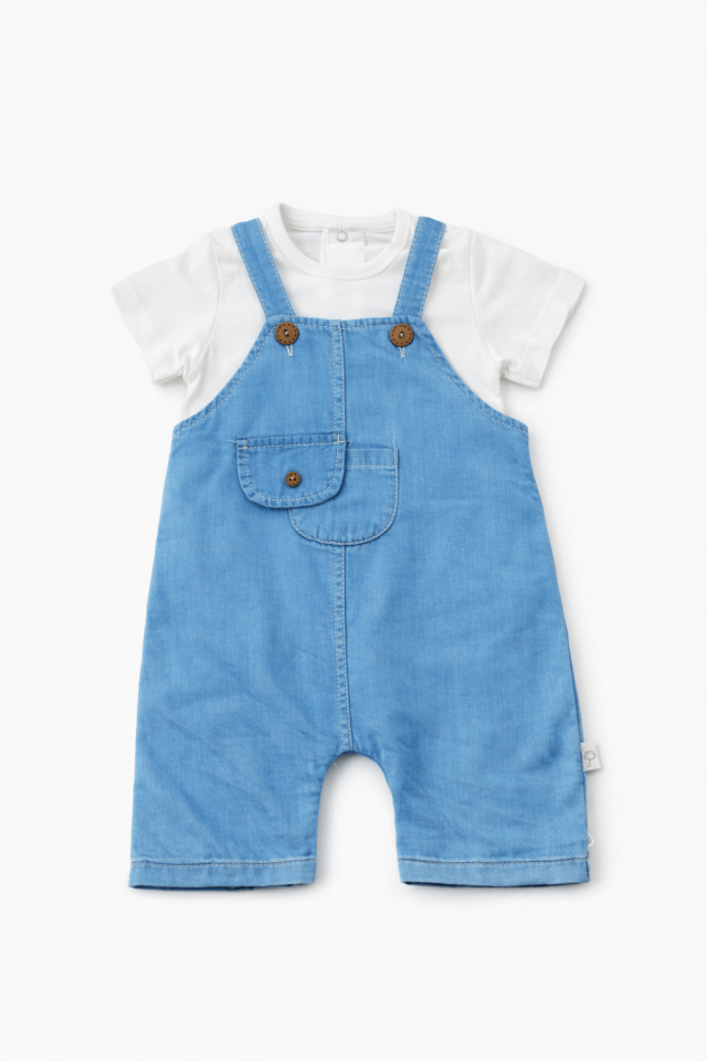 Erkek Bebek Mavi Kot Salopet Takım – Cepli Düğmeli Mavi Salopet ve Beyaz Tişört 2'li Bebek Takım