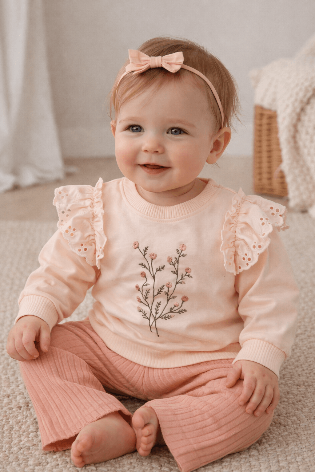 Kız Bebek Pembe Fırfır Detaylı 2’li Takım – Çiçek Nakışlı Sweatshirt & Ribana Pantolon