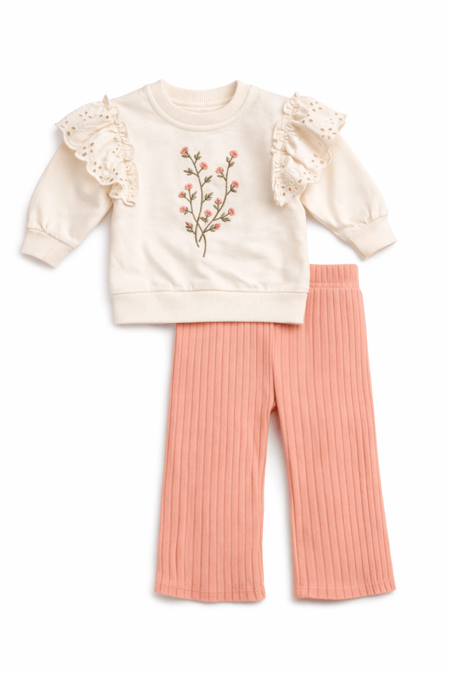 Kız Bebek Pembe Fırfır Detaylı 2’li Takım – Çiçek Nakışlı Sweatshirt & Ribana Pantolon