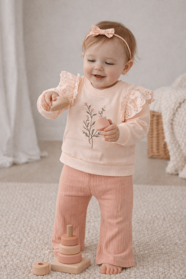 Kız Bebek Pembe Fırfır Detaylı 2’li Takım – Çiçek Nakışlı Sweatshirt & Ribana Pantolon